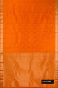 Orange Dual Tone Kanchipuram Silk Saree with Stripes on the body and Zari Border.  displayed on a mannequin