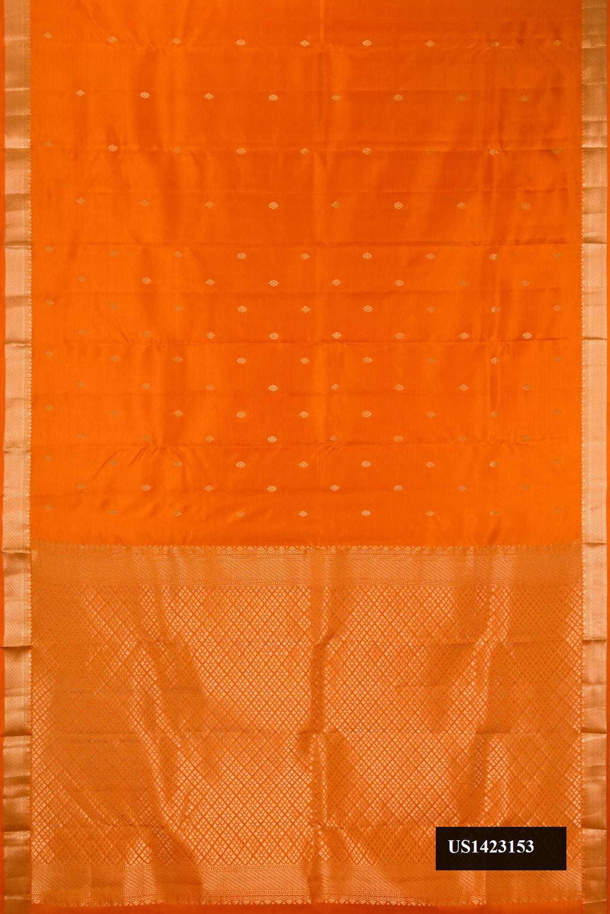 Orange Dual Tone Kanchipuram Silk Saree with Stripes on the body and Zari Border.  displayed on a mannequin