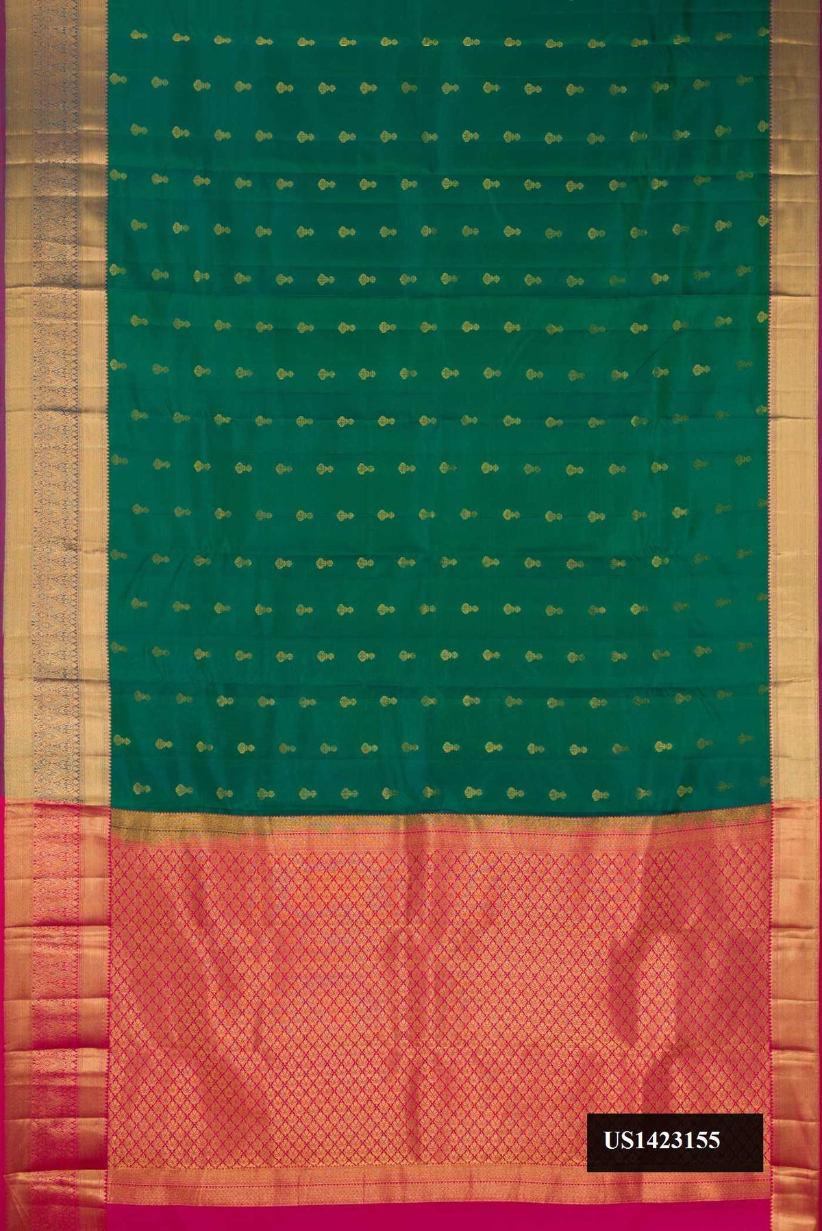 Green Dual Tone Kanchipuram Silk Saree with Zari Butta on the body and Zari Border.  displayed on a mannequin