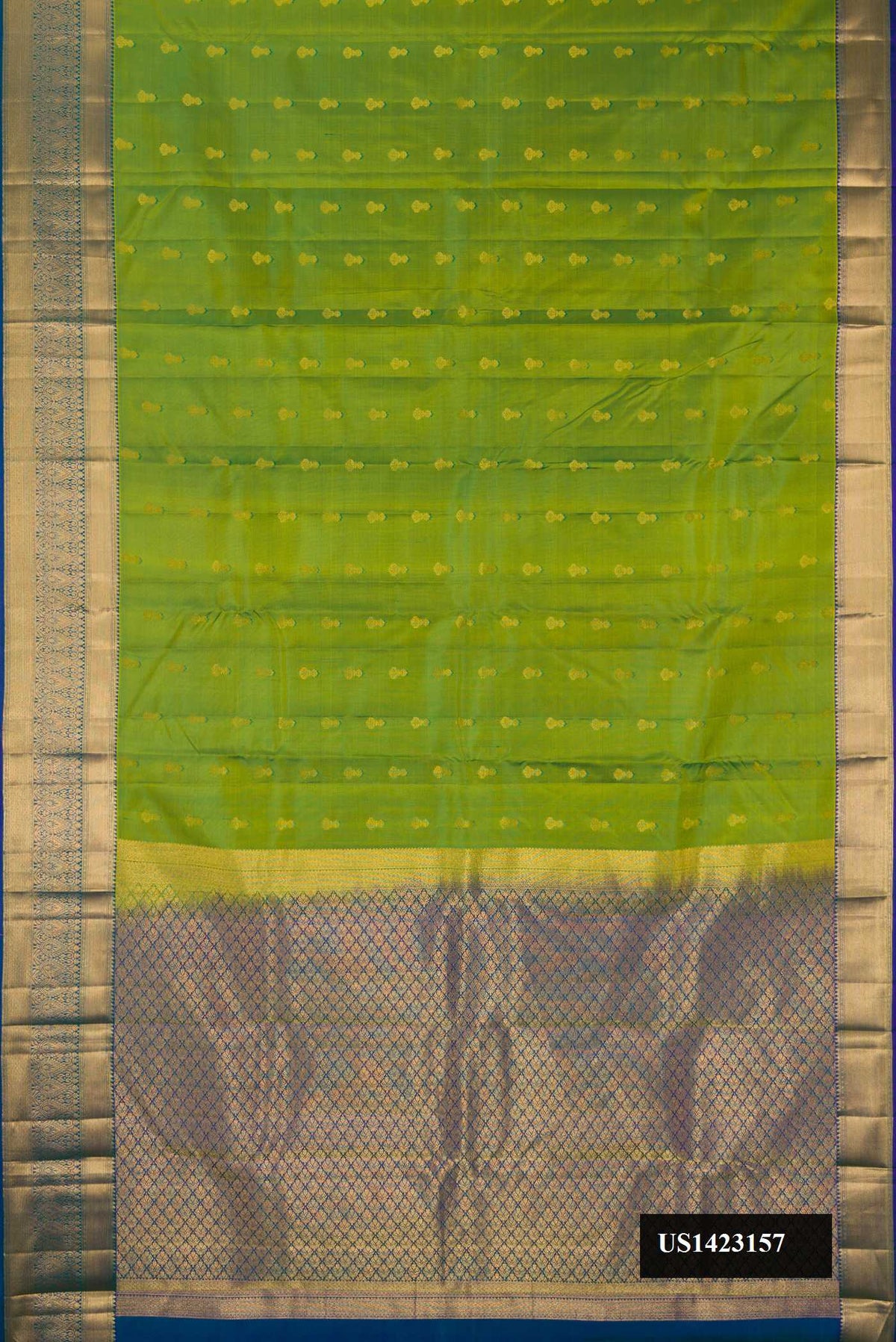 Parrot Green Dual Tone Kanchipuram Silk Saree with Zari Butta on the body and Zari Border.  displayed on a mannequin