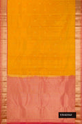 Mustard Dual Tone Kanchipuram Silk Saree with Zari Butta on the body and Zari Border.  displayed on a mannequin