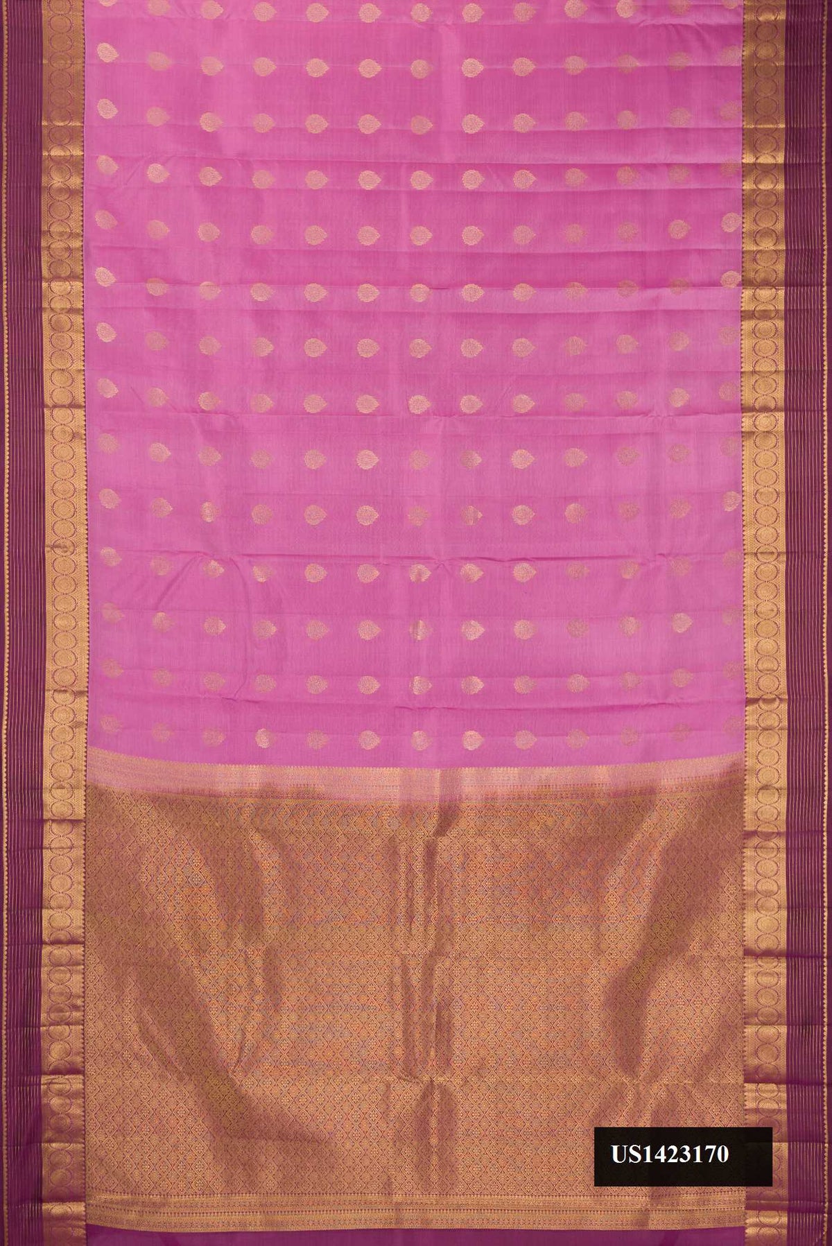 Pink Dual Tone Kanchipuram Silk Saree with Zari Butta on the body and Zari Border.  displayed on a mannequin