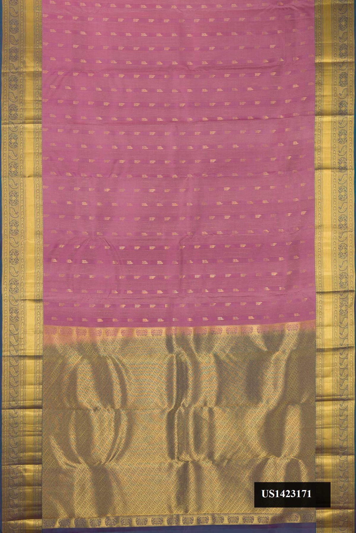 Rose Gold Dual Tone Kanchipuram Silk Saree with Zari Butta on the body and Zari Border.  displayed on a mannequin