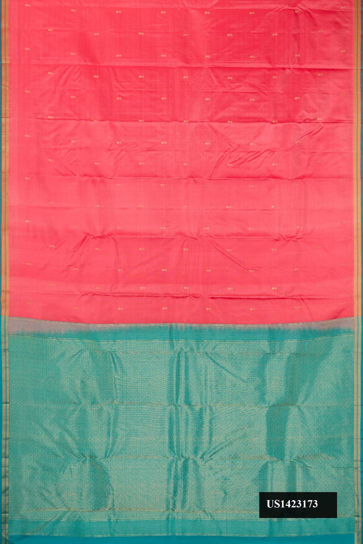 Peach Dual Tone Kanchipuram Silk Saree with Zari Butta on the body and Zari Border.  displayed on a mannequin