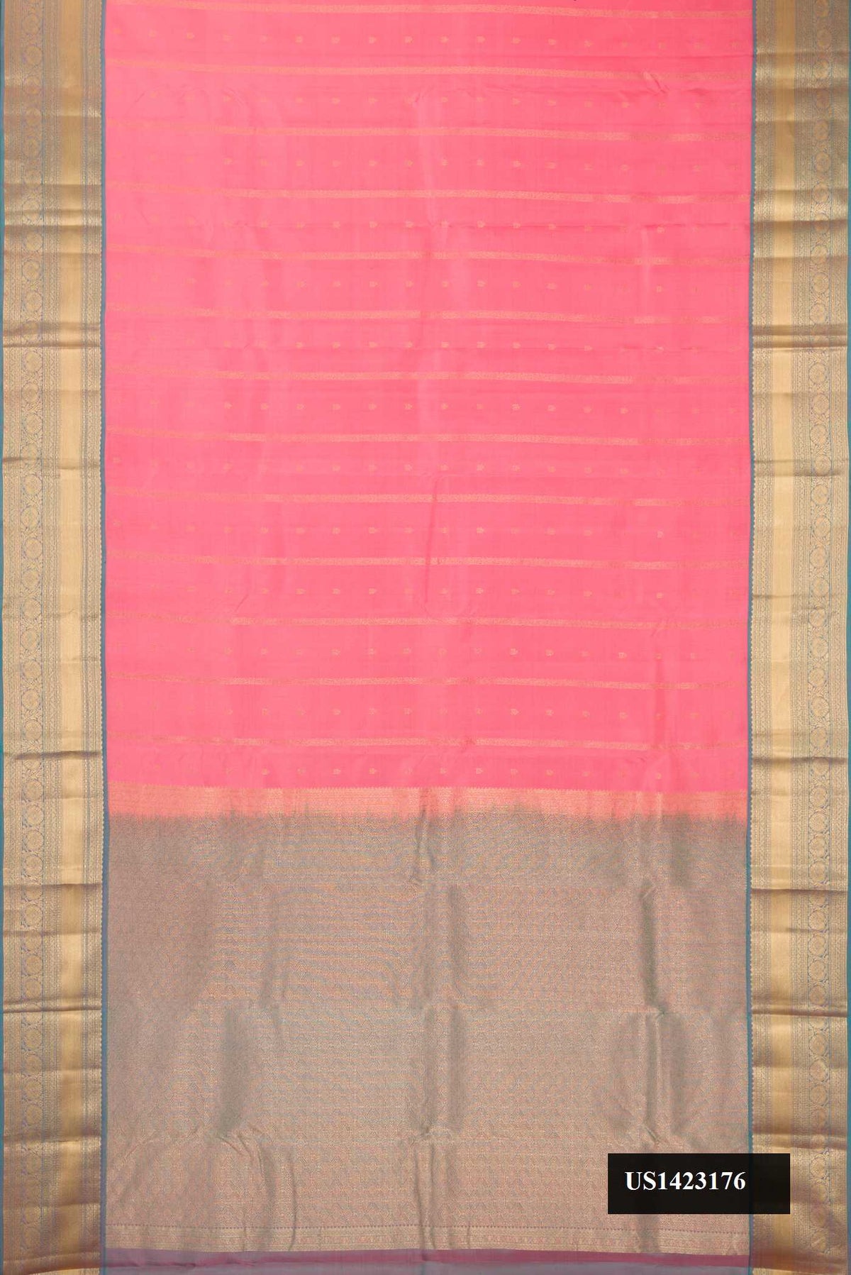 Pink Dual Tone Kanchipuram Silk Saree with Stripes on the body and Zari Border.  displayed on a mannequin