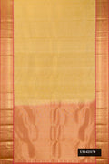 Beige Dual Tone Kanchipuram Silk Saree with Zari Butta on the body and Zari Border.  displayed on a mannequin