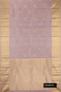 Rose Gold Dual Tone Kanchipuram Silk Saree with Zari Butta on the body and Zari Border.  displayed on a mannequin