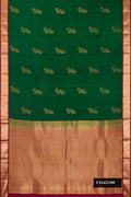 Bottle Green Dual Tone Kanchipuram Silk Saree with Zari Butta on the body and Zari Border.  displayed on a mannequin