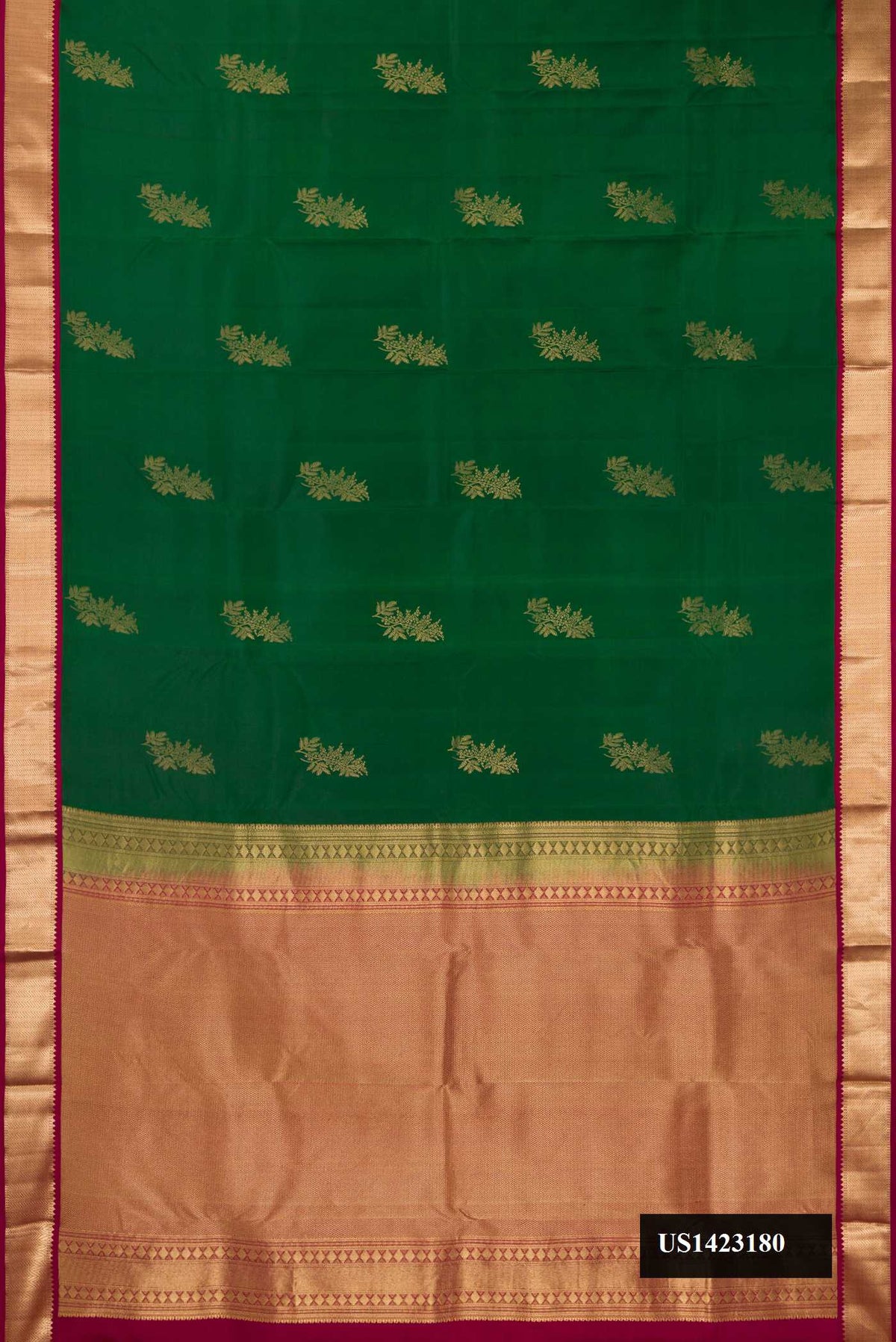 Bottle Green Dual Tone Kanchipuram Silk Saree with Zari Butta on the body and Zari Border.  displayed on a mannequin