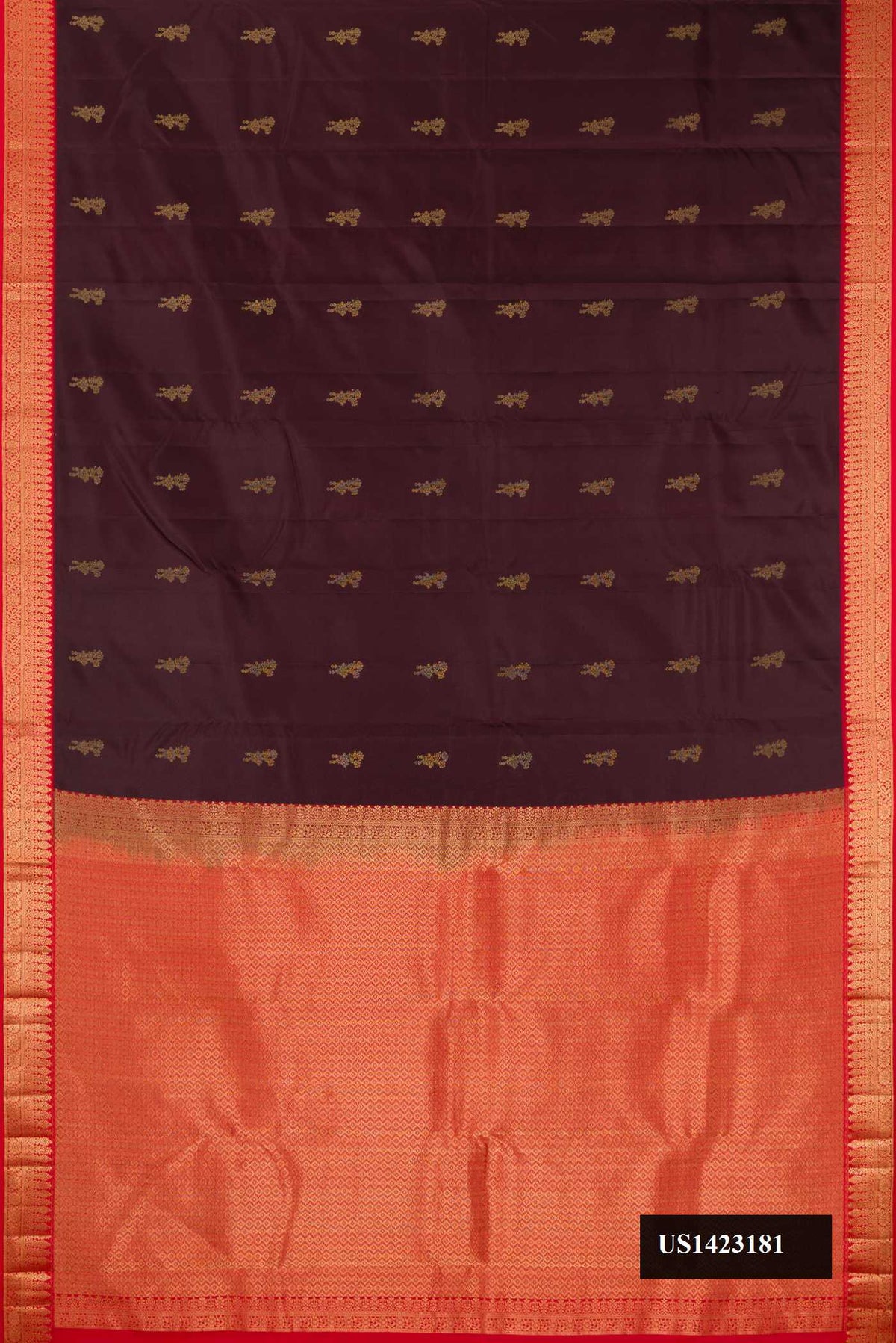 Coffee Brown Dual Tone Kanchipuram Silk Saree with Zari Butta on the body and Zari Border.  displayed on a mannequin