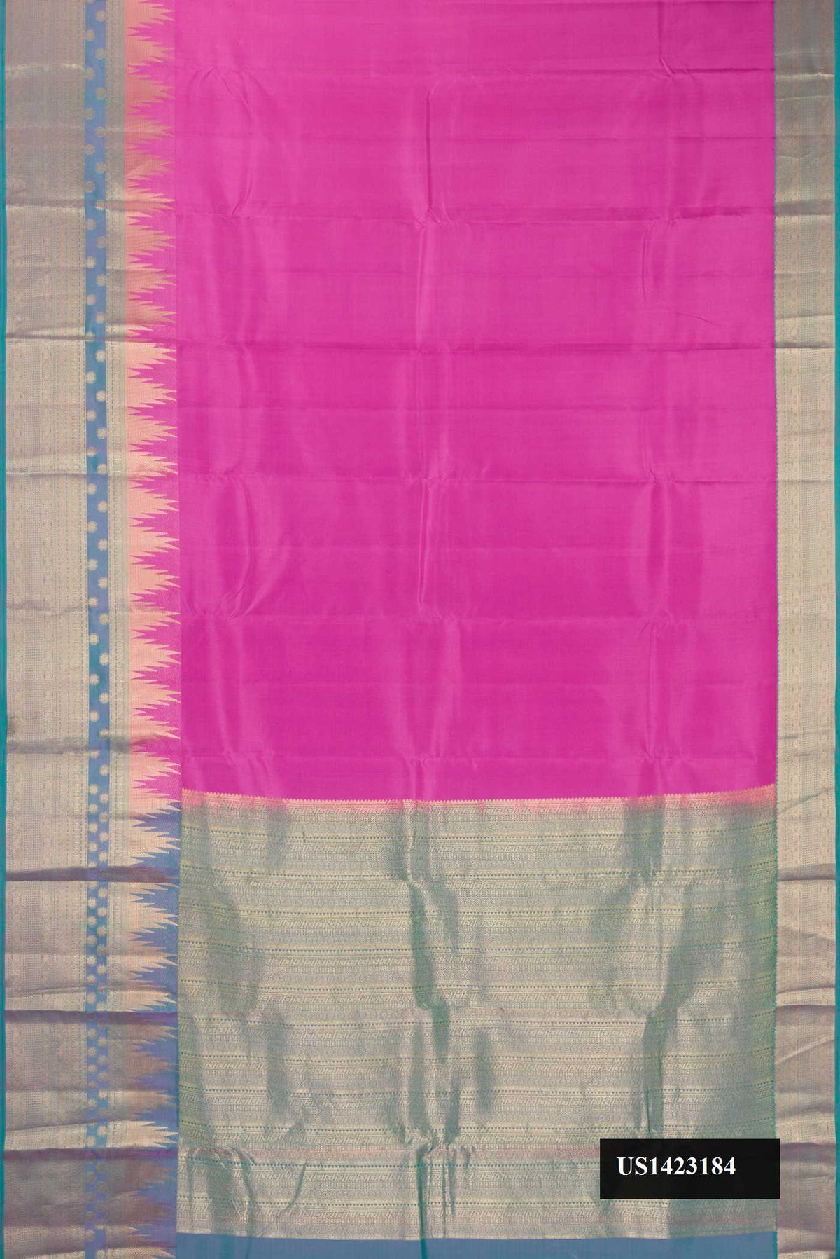Pink Dual Tone Kanchipuram Silk Saree with Plain Body and Fancy Border.  displayed on a mannequin