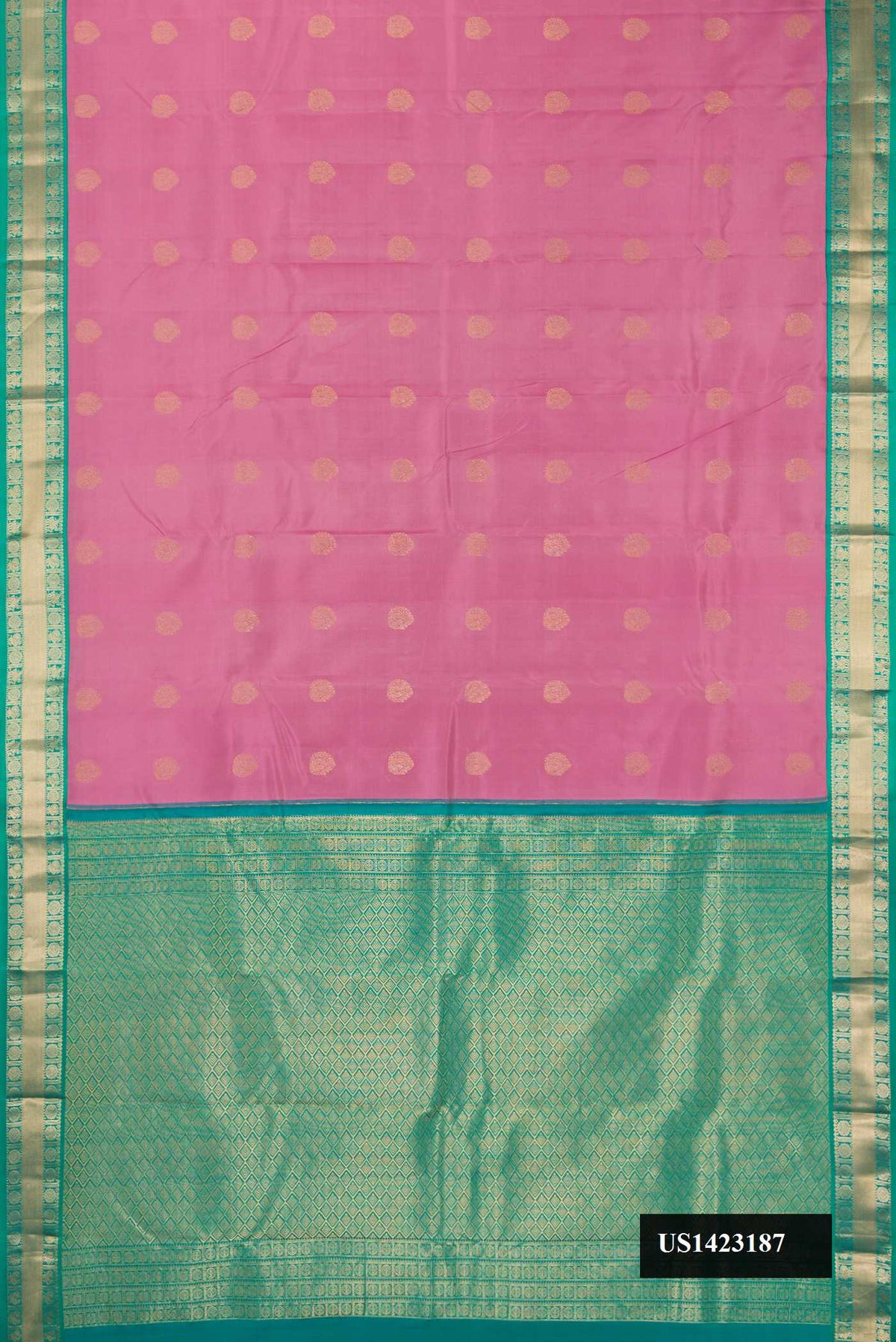 Pink Dual Tone Kanchipuram Silk Saree with Zari Butta on the body and Zari Border.  displayed on a mannequin