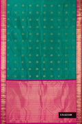 Sea Green Dual Tone Kanchipuram Silk Saree with Zari Butta on the body and Zari Border.  displayed on a mannequin