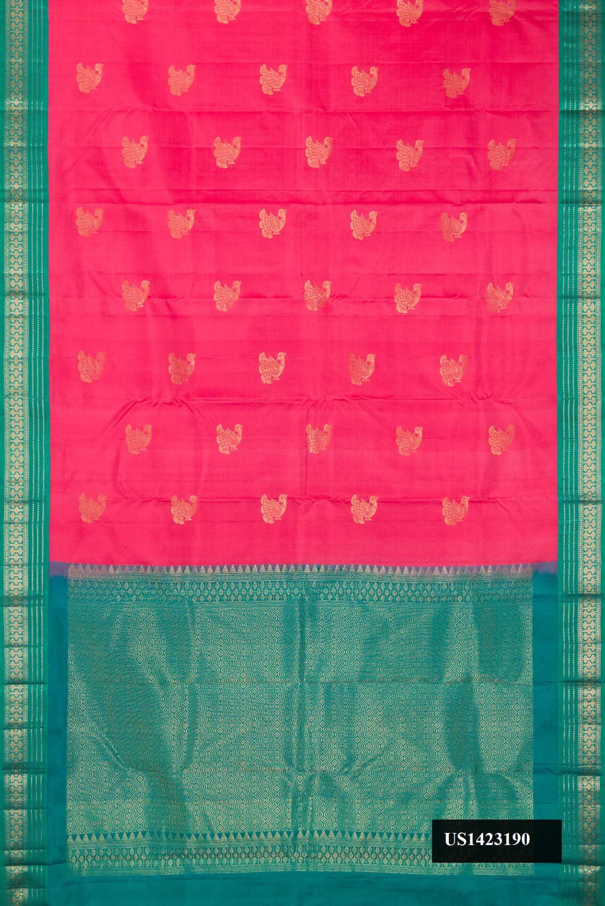 Pink Dual Tone Kanchipuram Silk Saree with Zari Butta on the body and Zari Border.  displayed on a mannequin