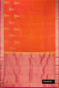 Coral Dual Tone Kanchipuram Silk Saree with Zari Butta on the body and Zari Border.  displayed on a mannequin