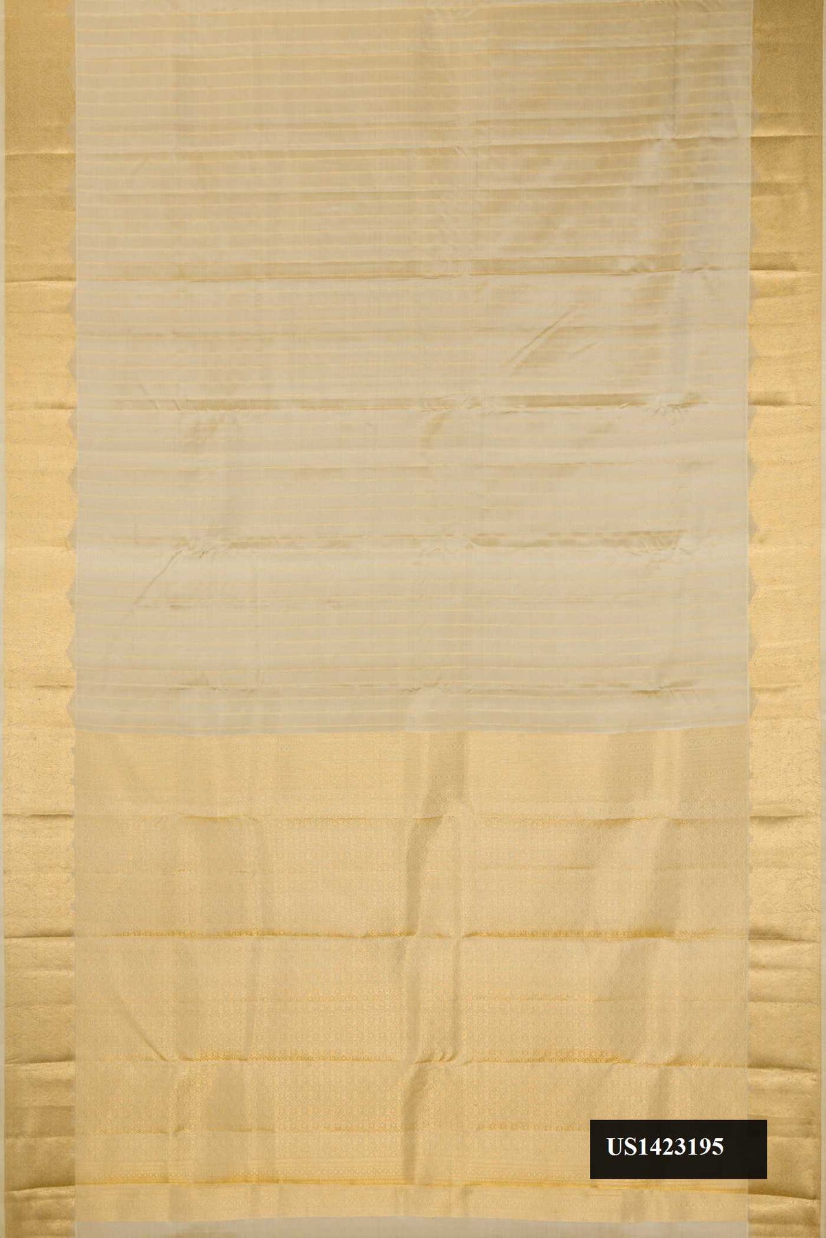 Beige Dual Tone Kanchipuram Silk Saree with Stripes on the body and Zari Border.  displayed on a mannequin