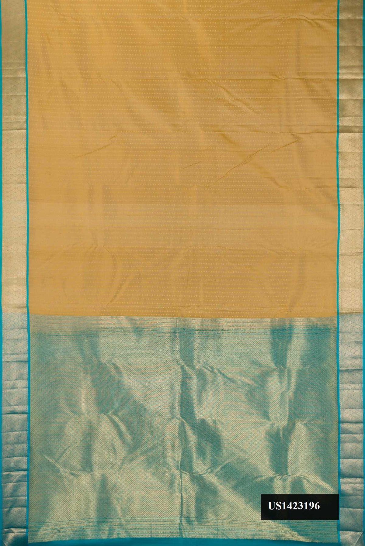 Sandal Dual Tone Kanchipuram Silk Saree with Zari Butta on the body and Zari Border.  displayed on a mannequin