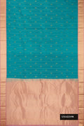 Blue Dual Tone Kanchipuram Silk Saree with Stripes on the body and Zari Border.  displayed on a mannequin