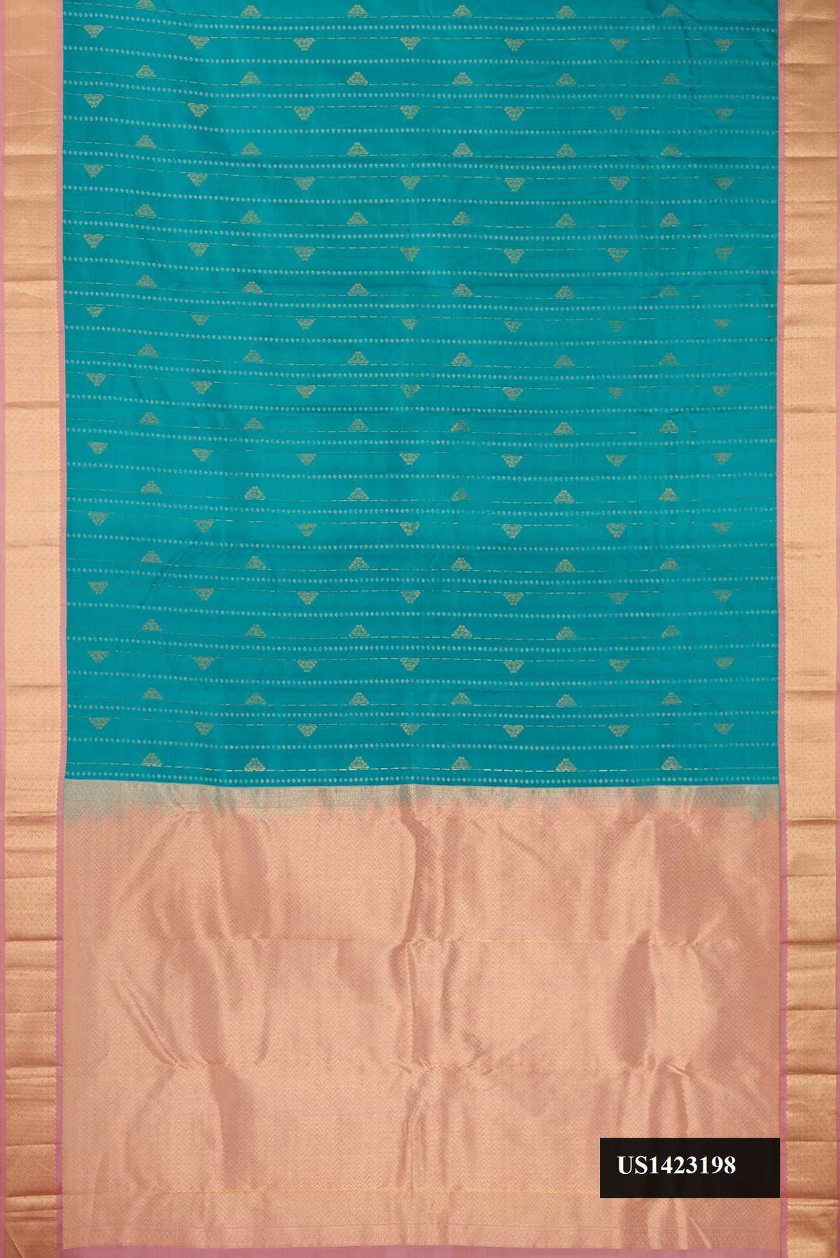 Blue Dual Tone Kanchipuram Silk Saree with Stripes on the body and Zari Border.  displayed on a mannequin