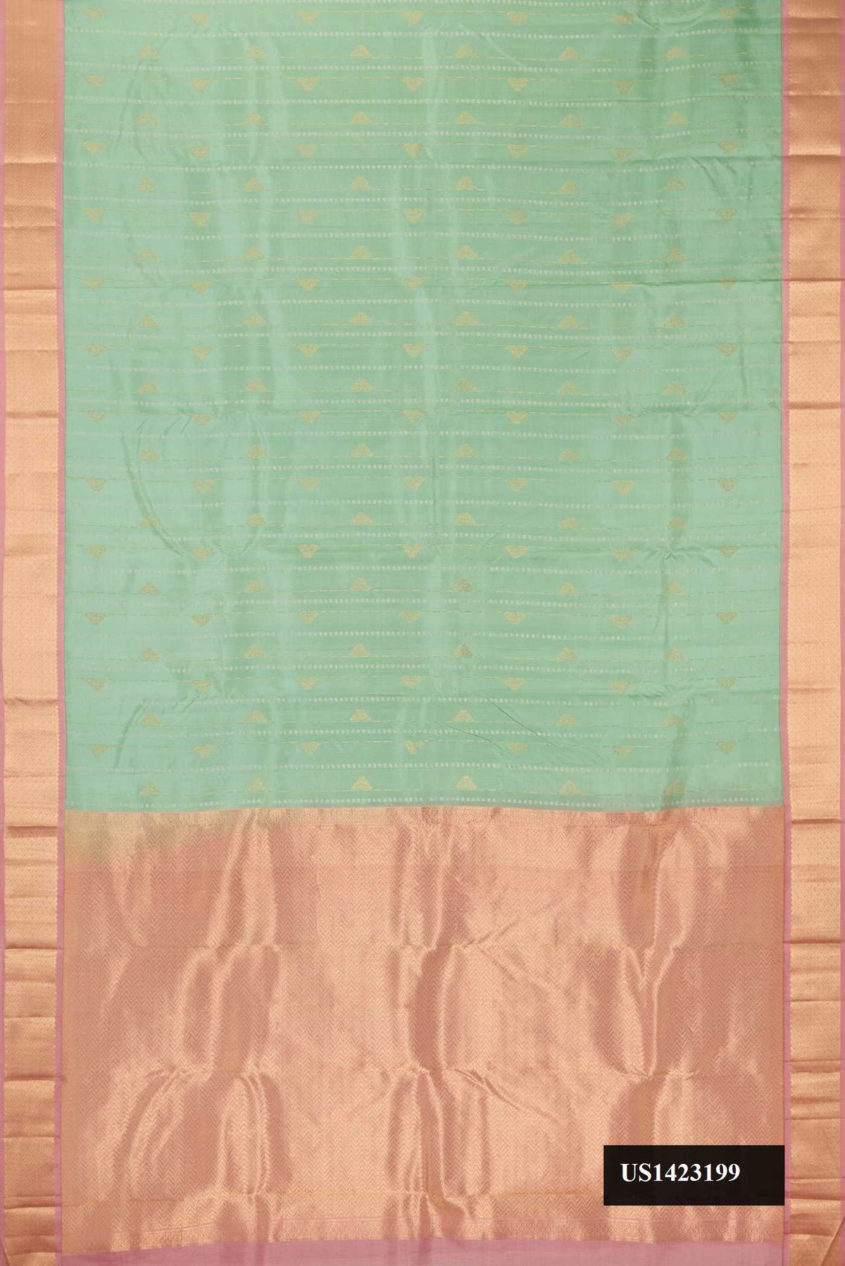 Pista Green Dual Tone Kanchipuram Silk Saree with Stripes on the body and Zari Border.  displayed on a mannequin