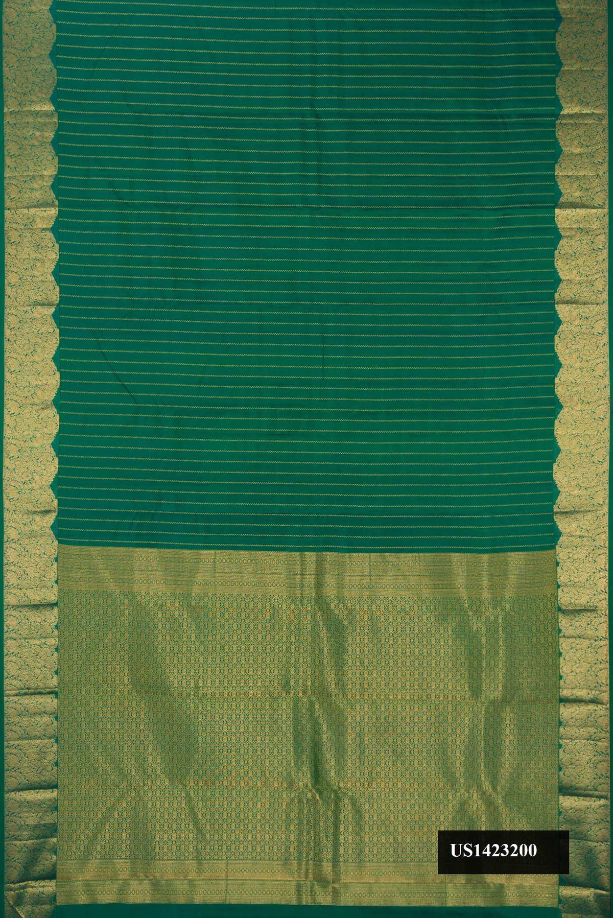 Bottle Green Dual Tone Kanchipuram Silk Saree with Stripes on the body and Fancy Border.  displayed on a mannequin