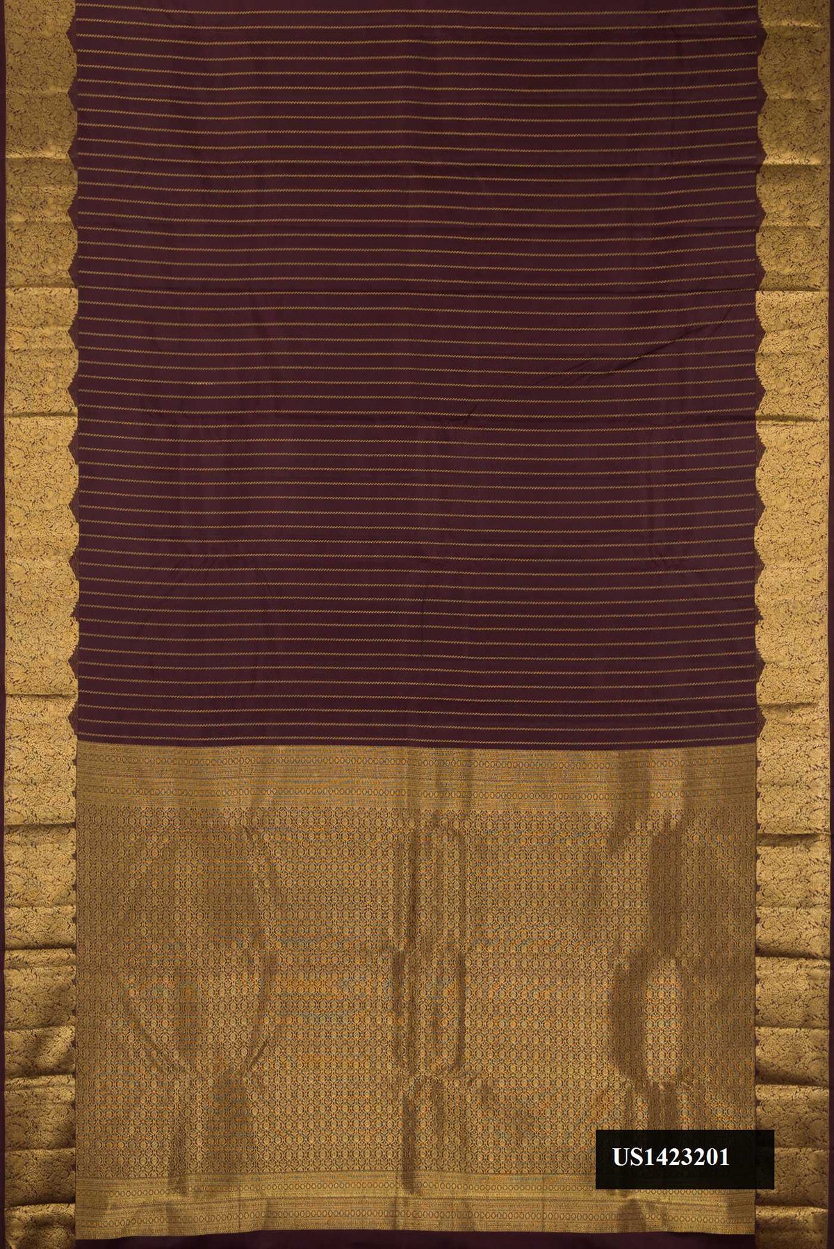 Coffee Brown Dual Tone Kanchipuram Silk Saree with Stripes on the body and Fancy Border.  displayed on a mannequin