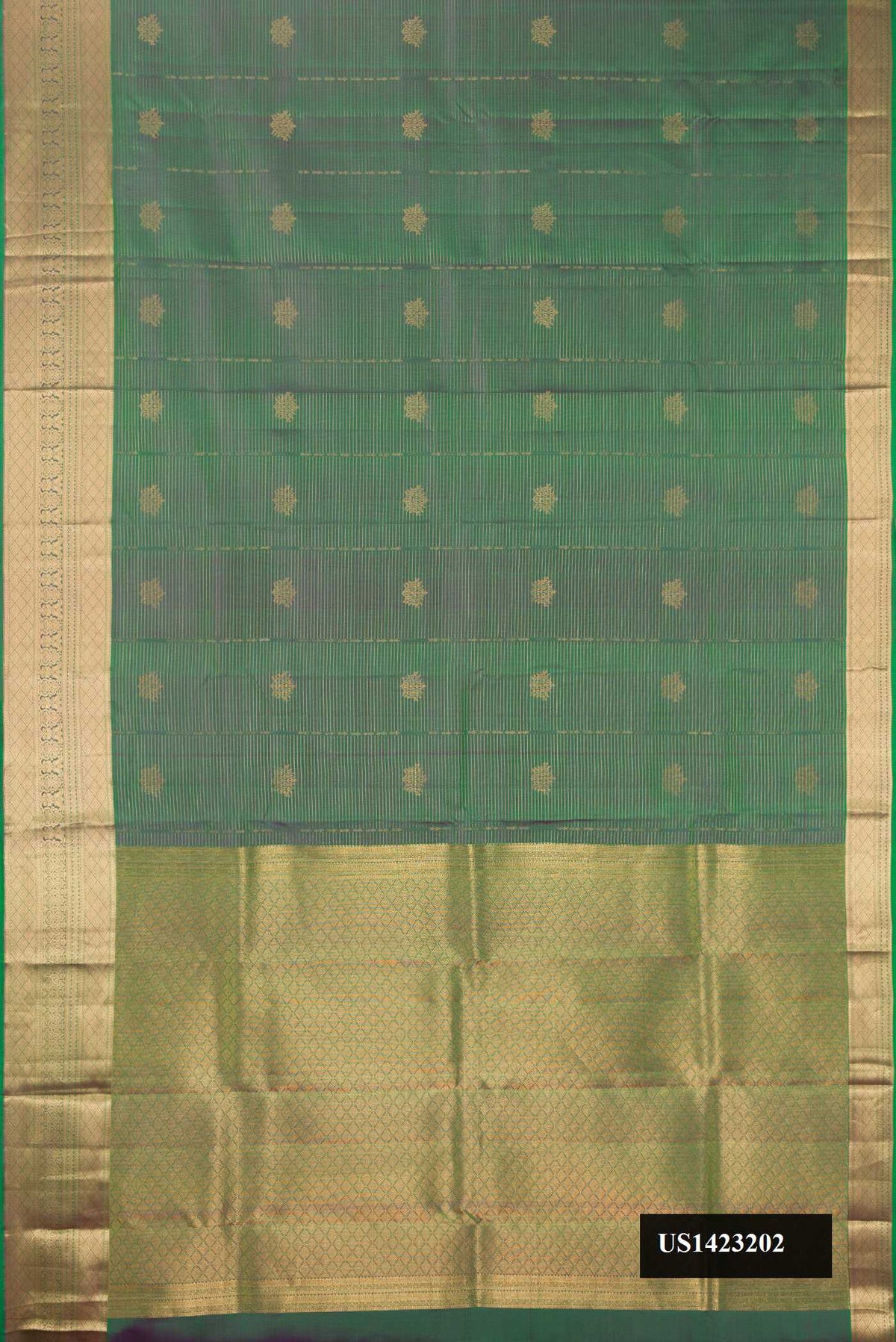 Green Dual Tone Kanchipuram Silk Saree with Stripes on the body and Zari Border.  displayed on a mannequin