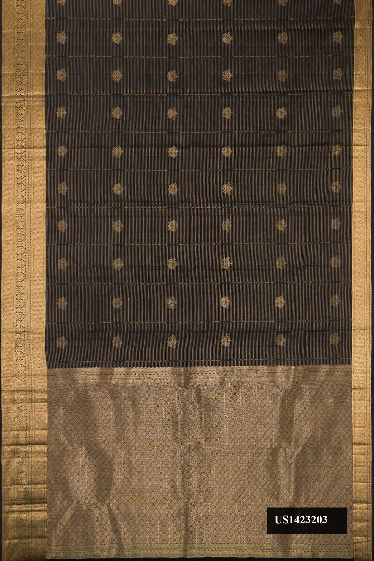 Coffee Brown Dual Tone Kanchipuram Silk Saree with Stripes on the body and Zari Border.  displayed on a mannequin
