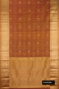 Beige Dual Tone Kanchipuram Silk Saree with Stripes on the body and Zari Border.  displayed on a mannequin