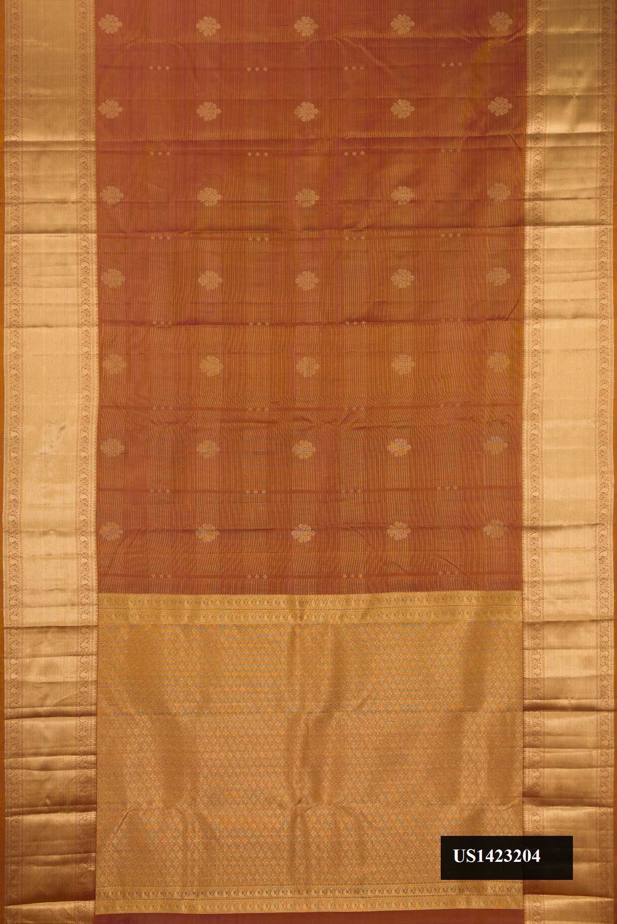 Beige Dual Tone Kanchipuram Silk Saree with Stripes on the body and Zari Border.  displayed on a mannequin
