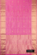 Pink Dual Tone Kanchipuram Silk Saree with Stripes on the body and Zari Border.  displayed on a mannequin