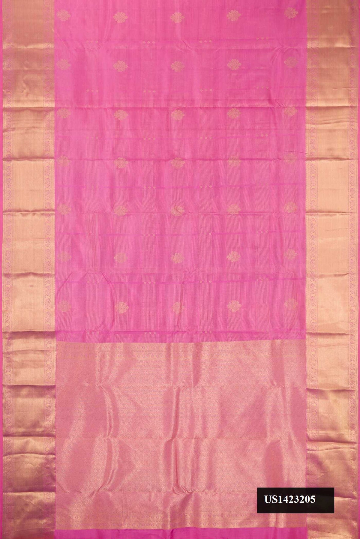 Pink Dual Tone Kanchipuram Silk Saree with Stripes on the body and Zari Border.  displayed on a mannequin