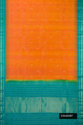 Orange Dual Tone Kanchipuram Silk Saree with Zari Butta on the body and Temple Border.  displayed on a mannequin
