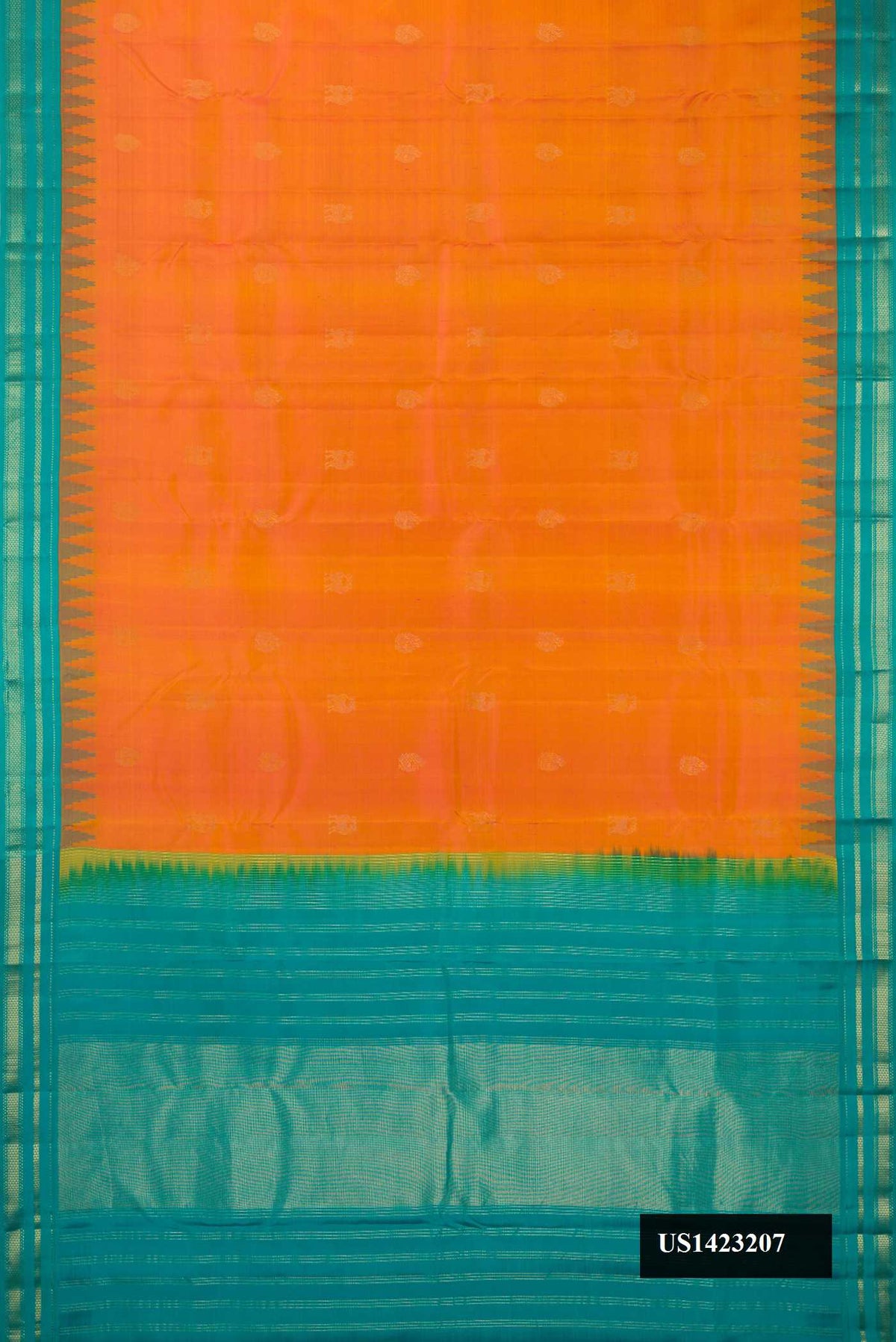 Orange Dual Tone Kanchipuram Silk Saree with Zari Butta on the body and Temple Border.  displayed on a mannequin