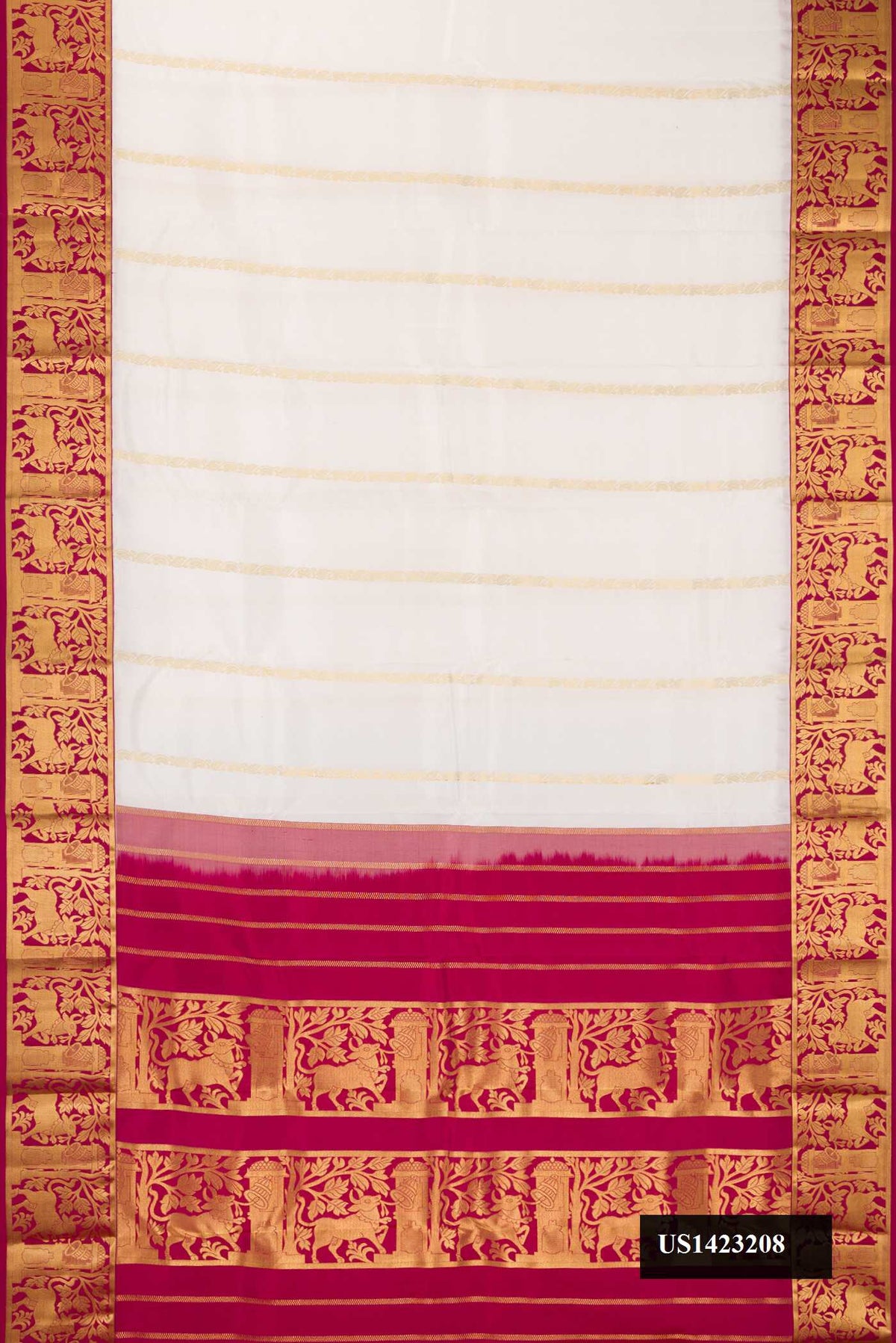 Off White Dual Tone Kanchipuram Silk Saree with Stripes on the body and Zari Border.  displayed on a mannequin