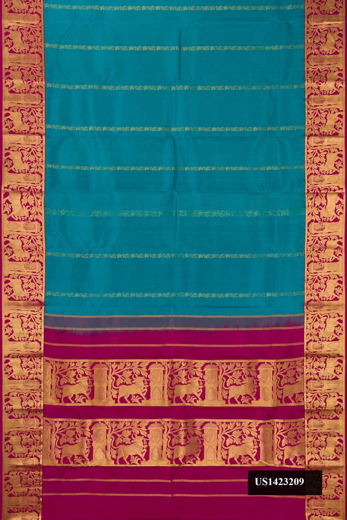 Peacock Blue Dual Tone Kanchipuram Silk Saree with Stripes on the body and Zari Border.  displayed on a mannequin