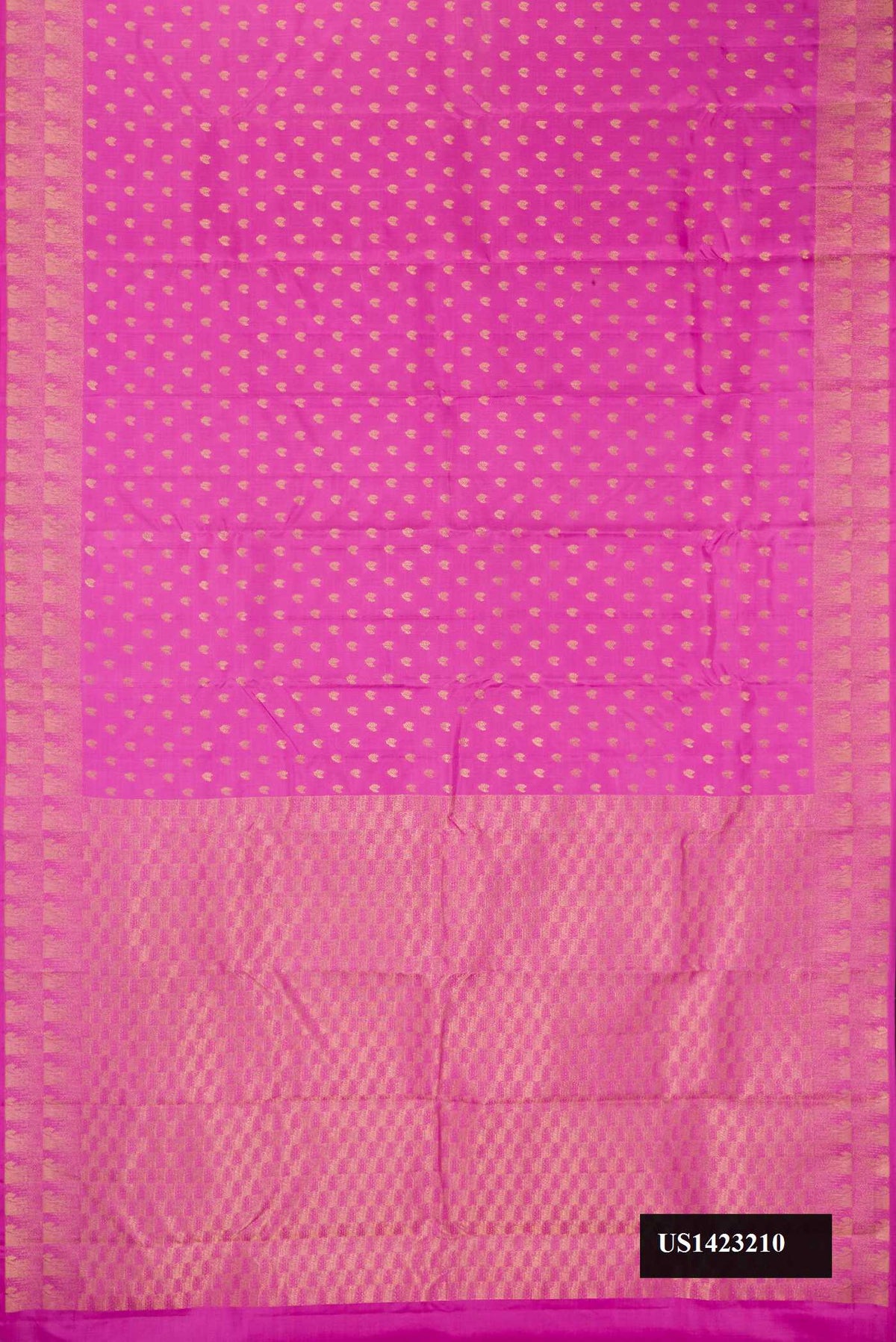Pink Dual Tone Kanchipuram Silk Saree with Zari Butta on the body and Fancy Border.  displayed on a mannequin