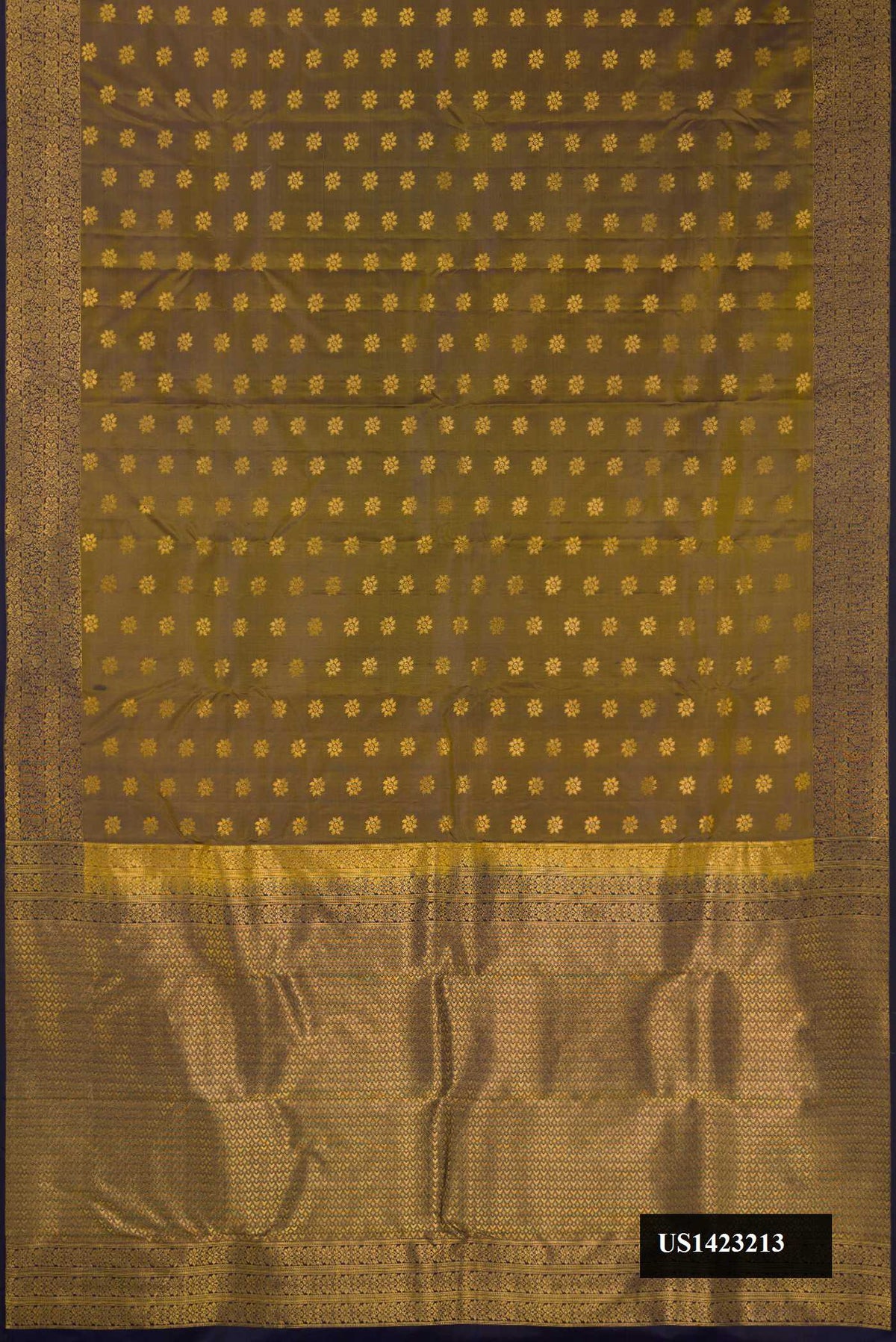 Mehandi Green Dual Tone Kanchipuram Silk Saree with Zari Butta on the body and Zari Border.  displayed on a mannequin