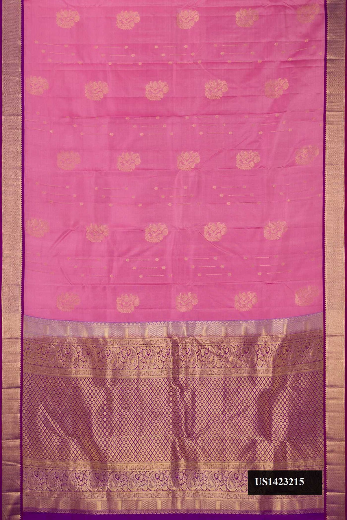 Pink Dual Tone Kanchipuram Silk Saree with Zari Butta on the body and Zari Border.  displayed on a mannequin
