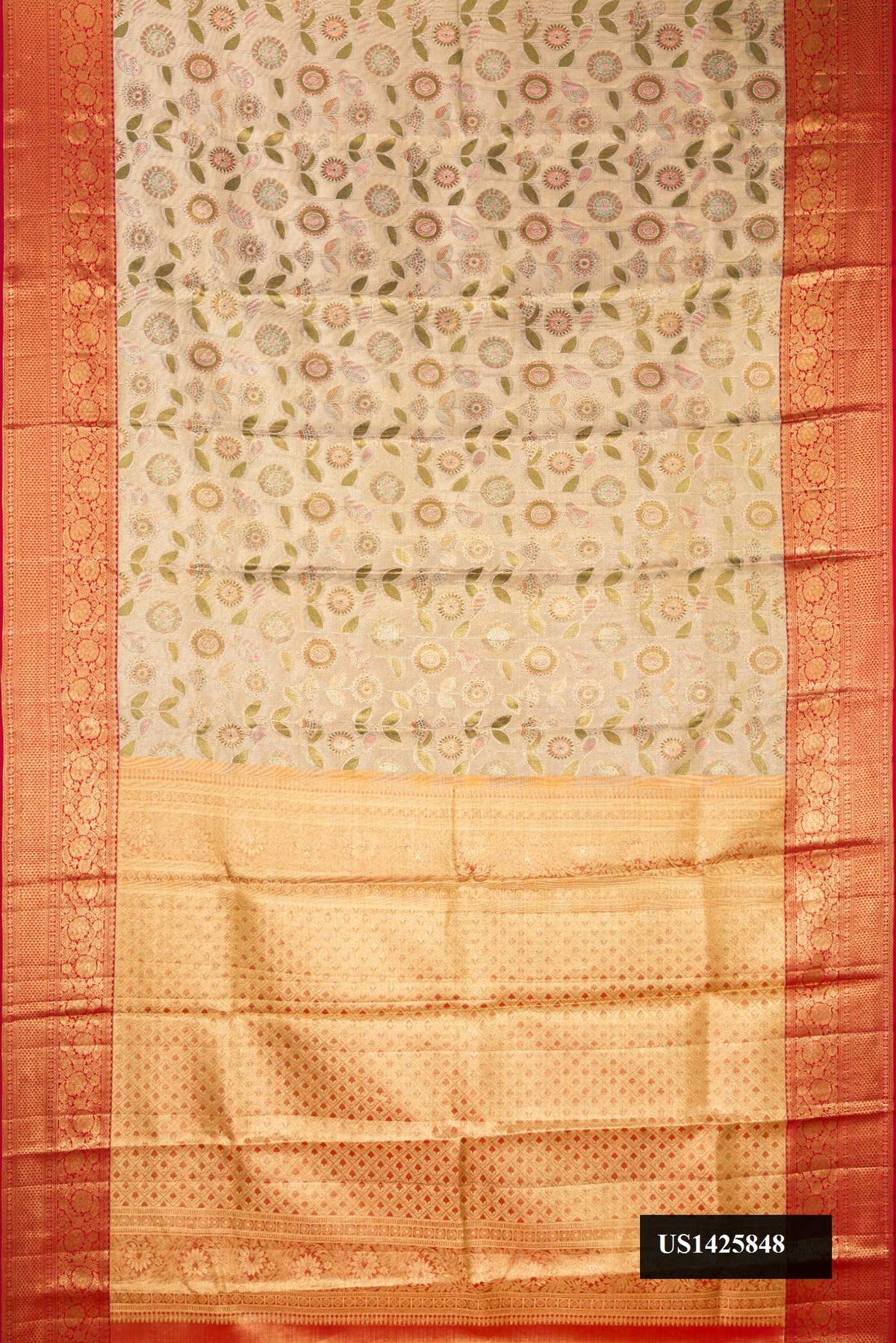 Gold Dual Tone Kanchipuram Tissue Silk Saree with Zari Brocade on the body and Zari Border.  displayed on a mannequin