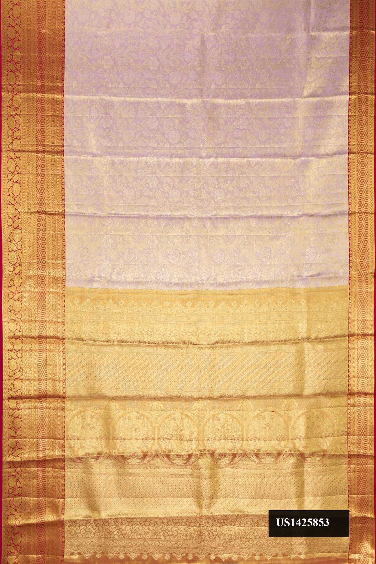 Lavender Dual Tone Kanchipuram Tissue Silk Saree with Zari Brocade on the body and Zari Border.  displayed on a mannequin