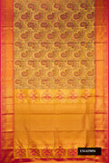 Gold Dual Tone Kanchipuram Tissue Silk Saree with Zari Brocade on the body and Zari Border.  displayed on a mannequin
