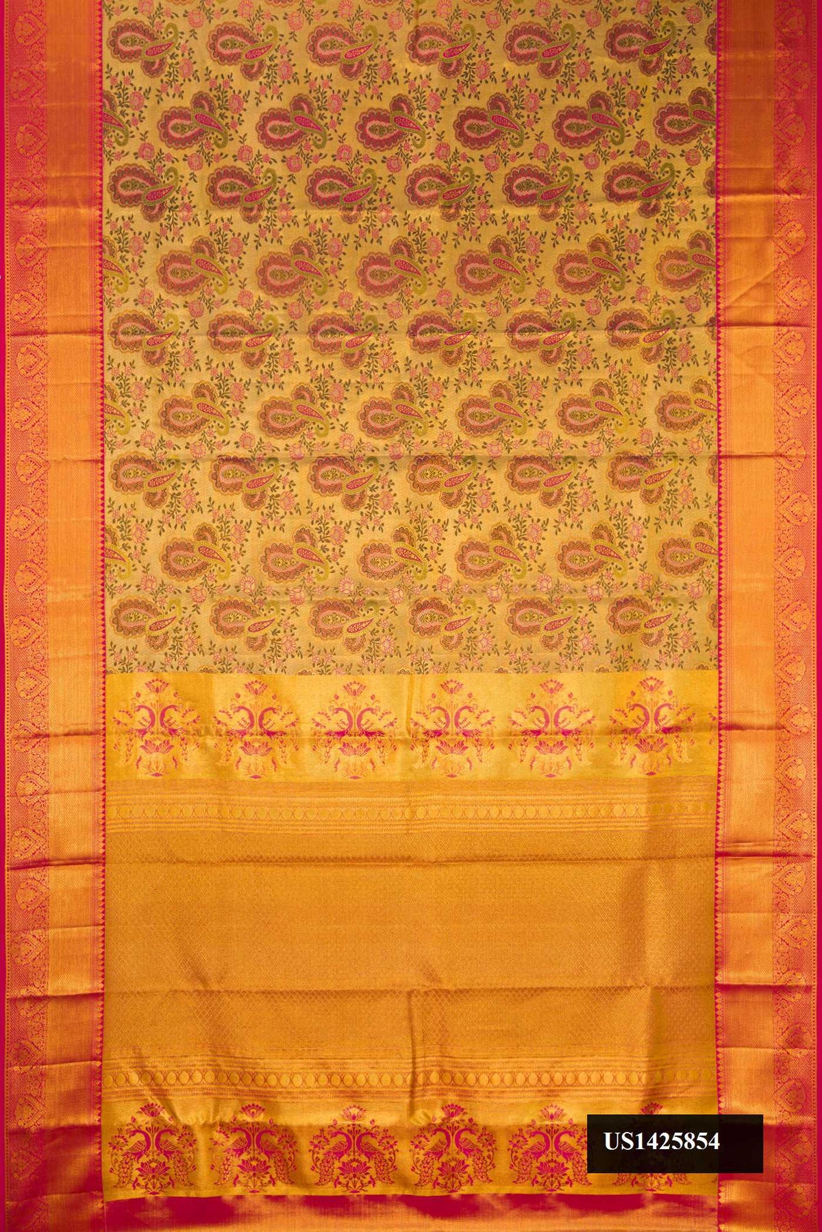Gold Dual Tone Kanchipuram Tissue Silk Saree with Zari Brocade on the body and Zari Border.  displayed on a mannequin