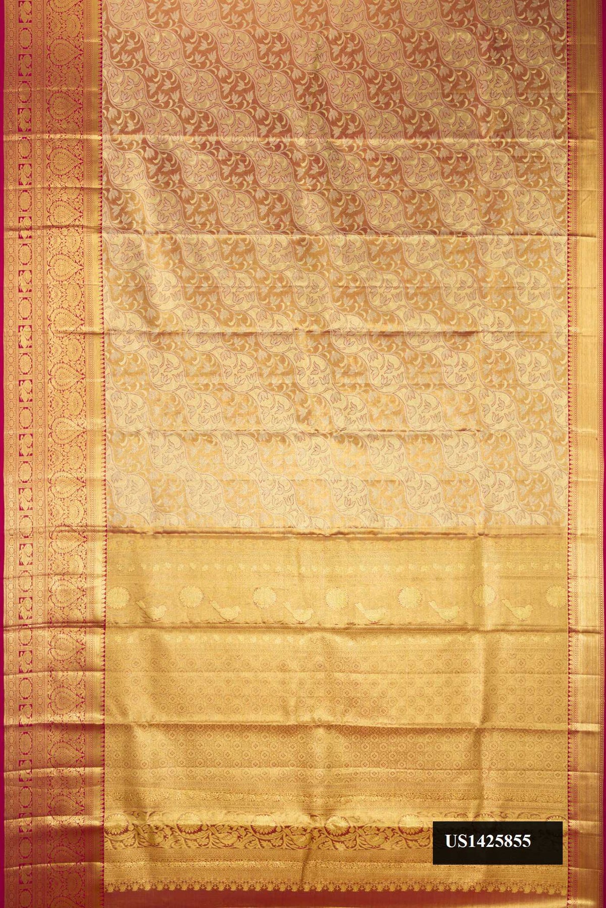 Gold Dual Tone Kanchipuram Tissue Silk Saree with Zari Brocade on the body and Zari Border.  displayed on a mannequin