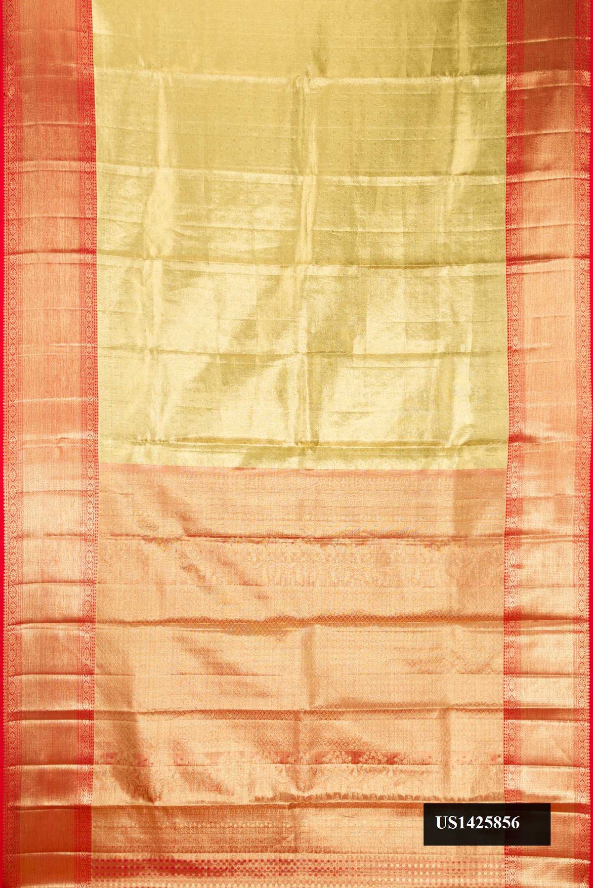 Gold Dual Tone Kanchipuram Tissue Silk Saree with Zari Brocade on the body and Zari Border.  displayed on a mannequin