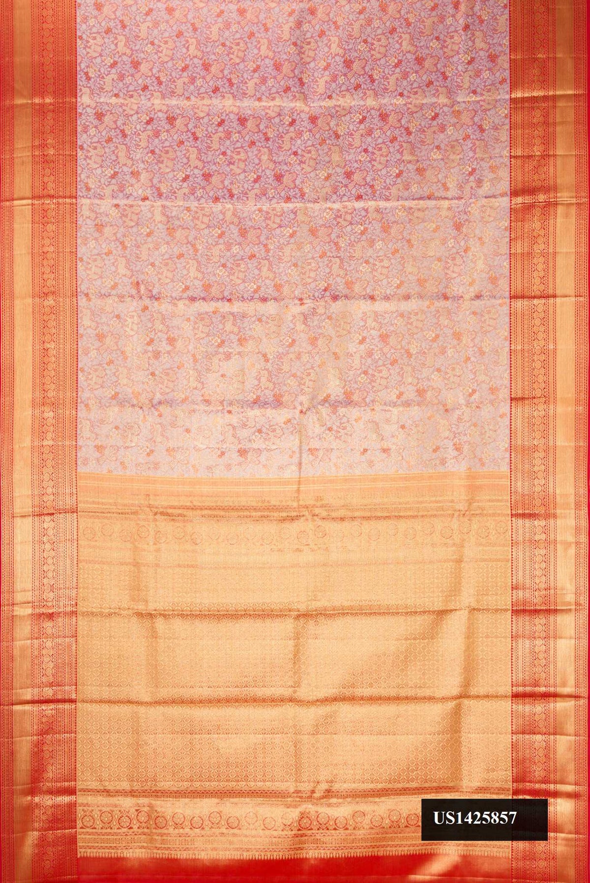 Rose Gold Dual Tone Kanchipuram Tissue Silk Saree with Zari Brocade on the body and Zari Border.  displayed on a mannequin