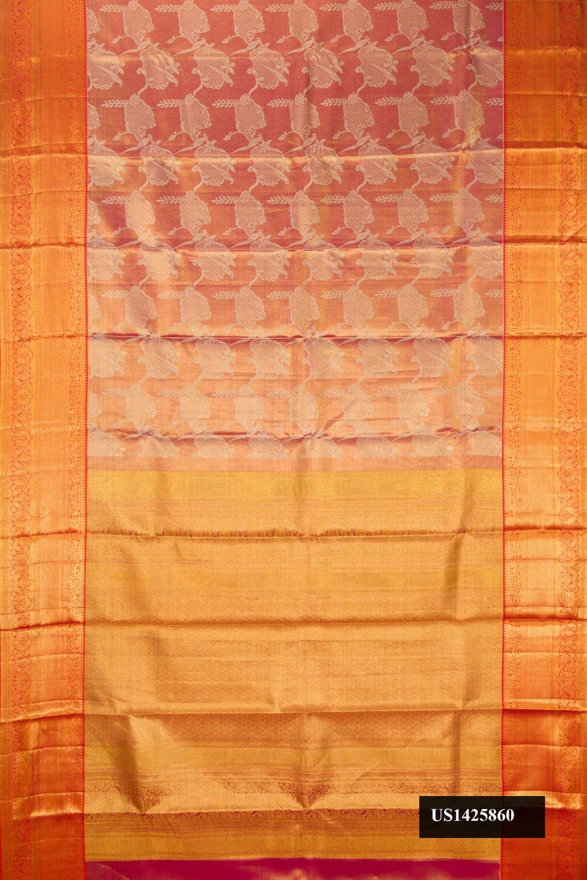 Rose Gold Dual Tone Kanchipuram Tissue Silk Saree with Zari Brocade on the body and Zari Border.  displayed on a mannequin