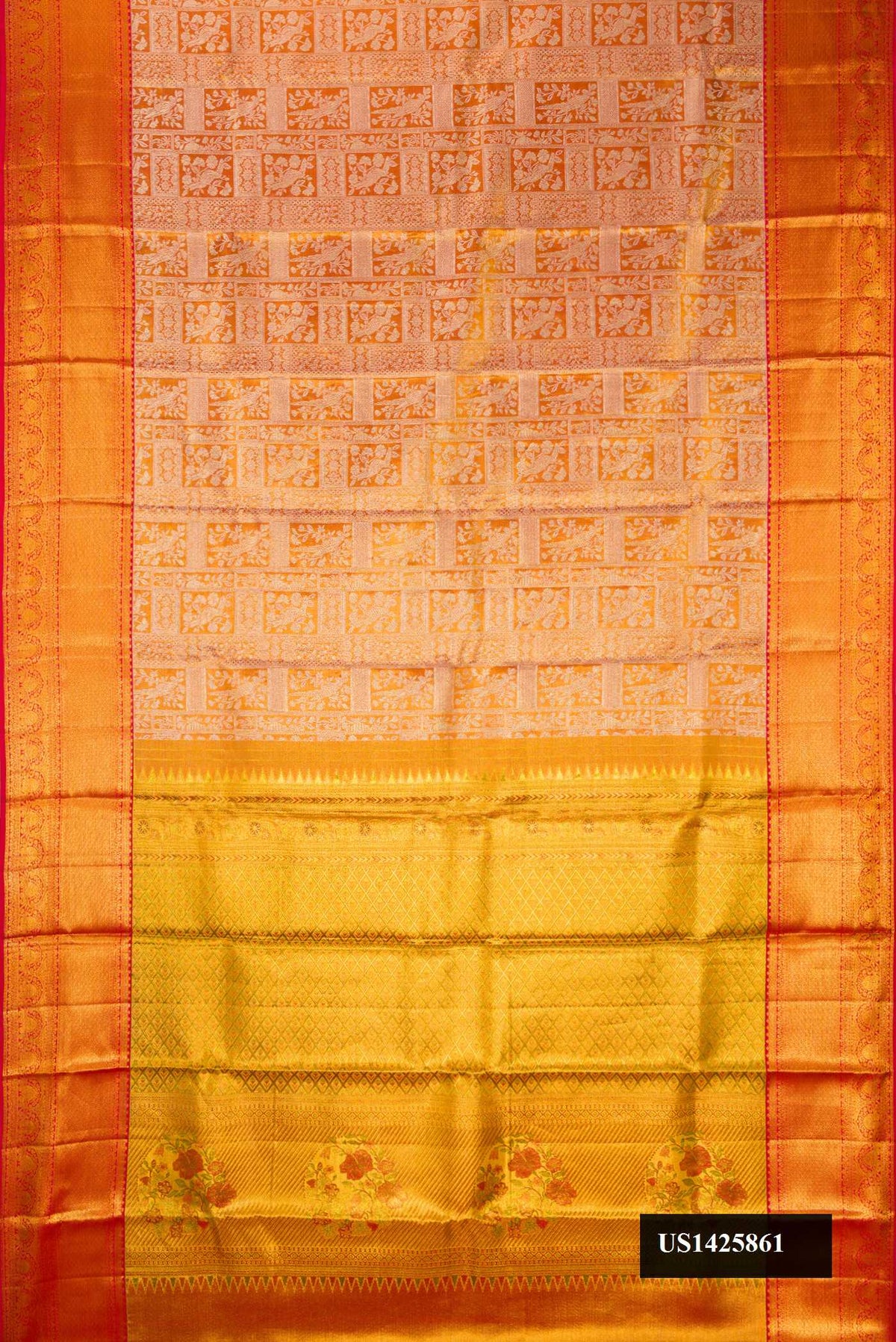 Red Dual Tone Kanchipuram Tissue Silk Saree with Zari Brocade on the body and Zari Border.  displayed on a mannequin