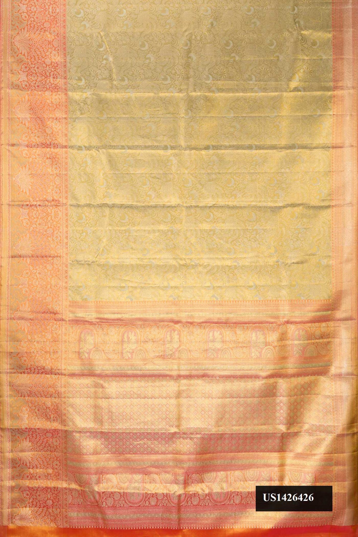 Mehandi Green Dual Tone Kanchipuram Tissue Silk Saree with Zari Brocade on the body and Zari Border.  displayed on a mannequin