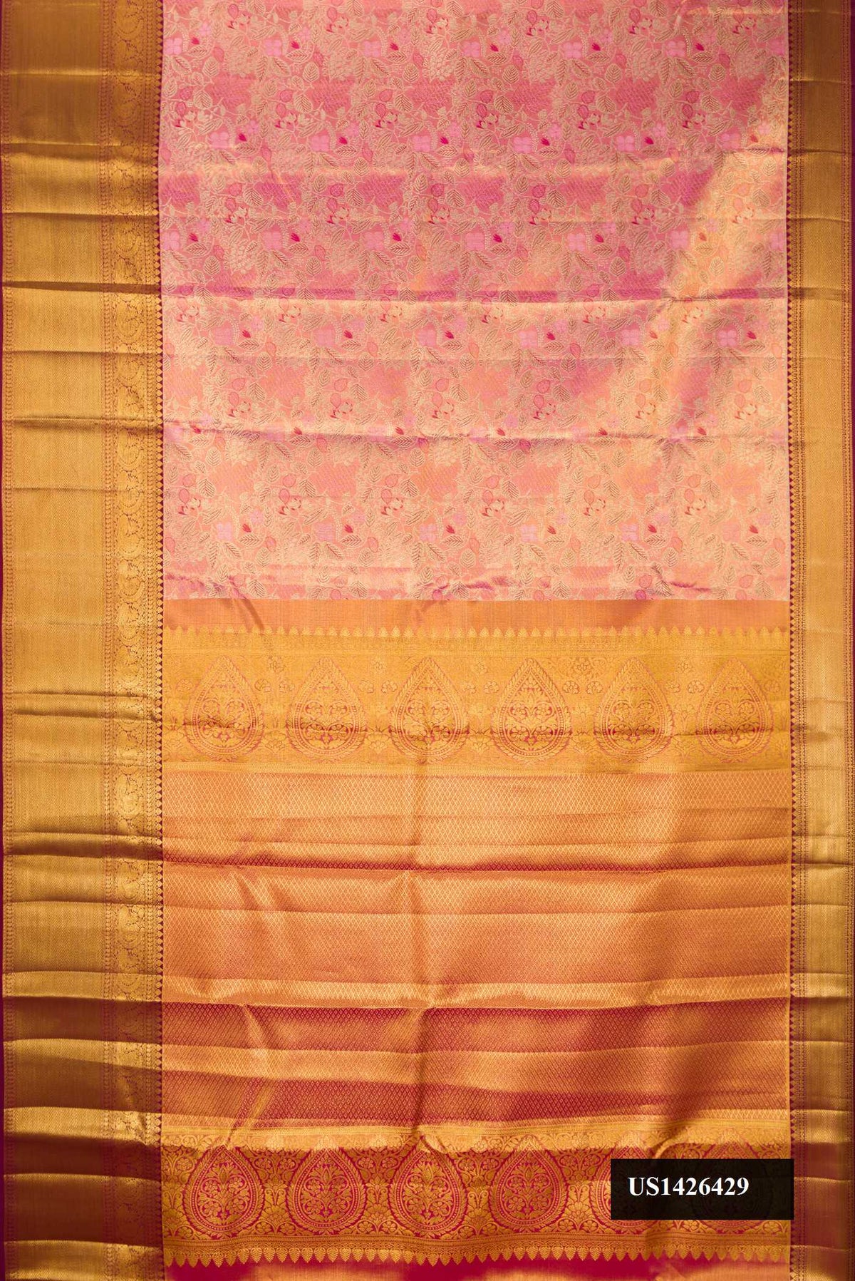 Pink Dual Tone Kanchipuram Tissue Silk Saree with Zari Brocade on the body and Zari Border.  displayed on a mannequin